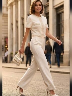 Elegant Cream Short-Sleeve with Pearl Trim Blazer
